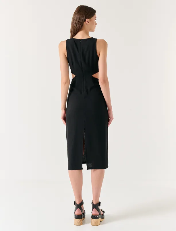 Bayan Siyah Bel Detaylı Kolsuz Keten Yazlık Midi Elbise