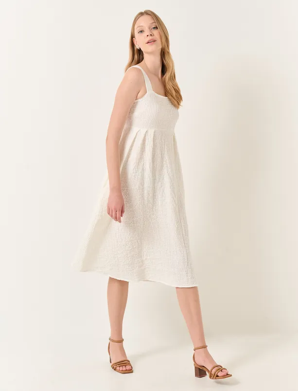 Bayan Beyaz Düz Yaka Kalın Askılı Midi Elbise