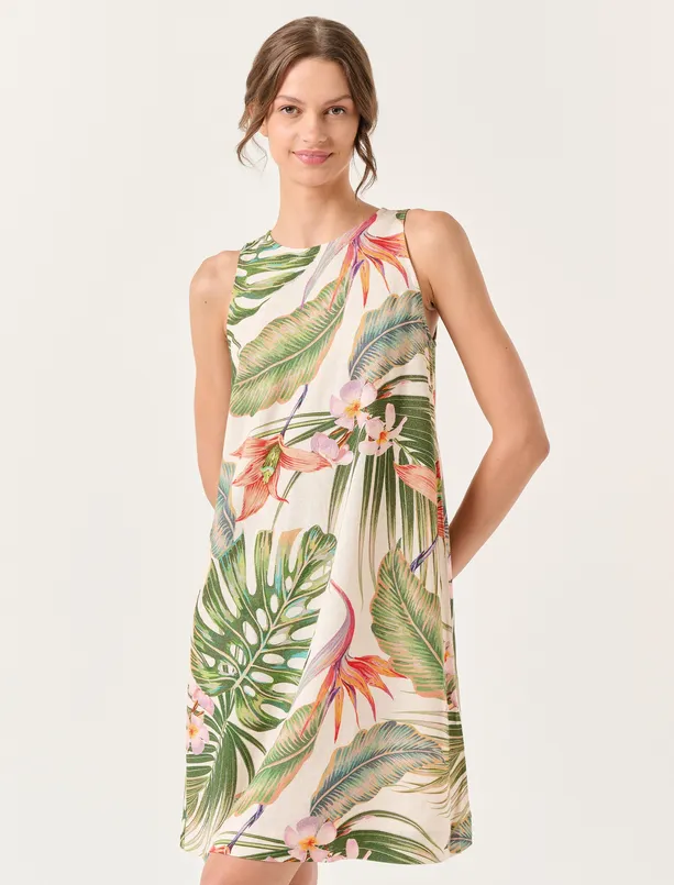 Bayan Ekru Kolsuz Tropikal Desenli Keten Elbise