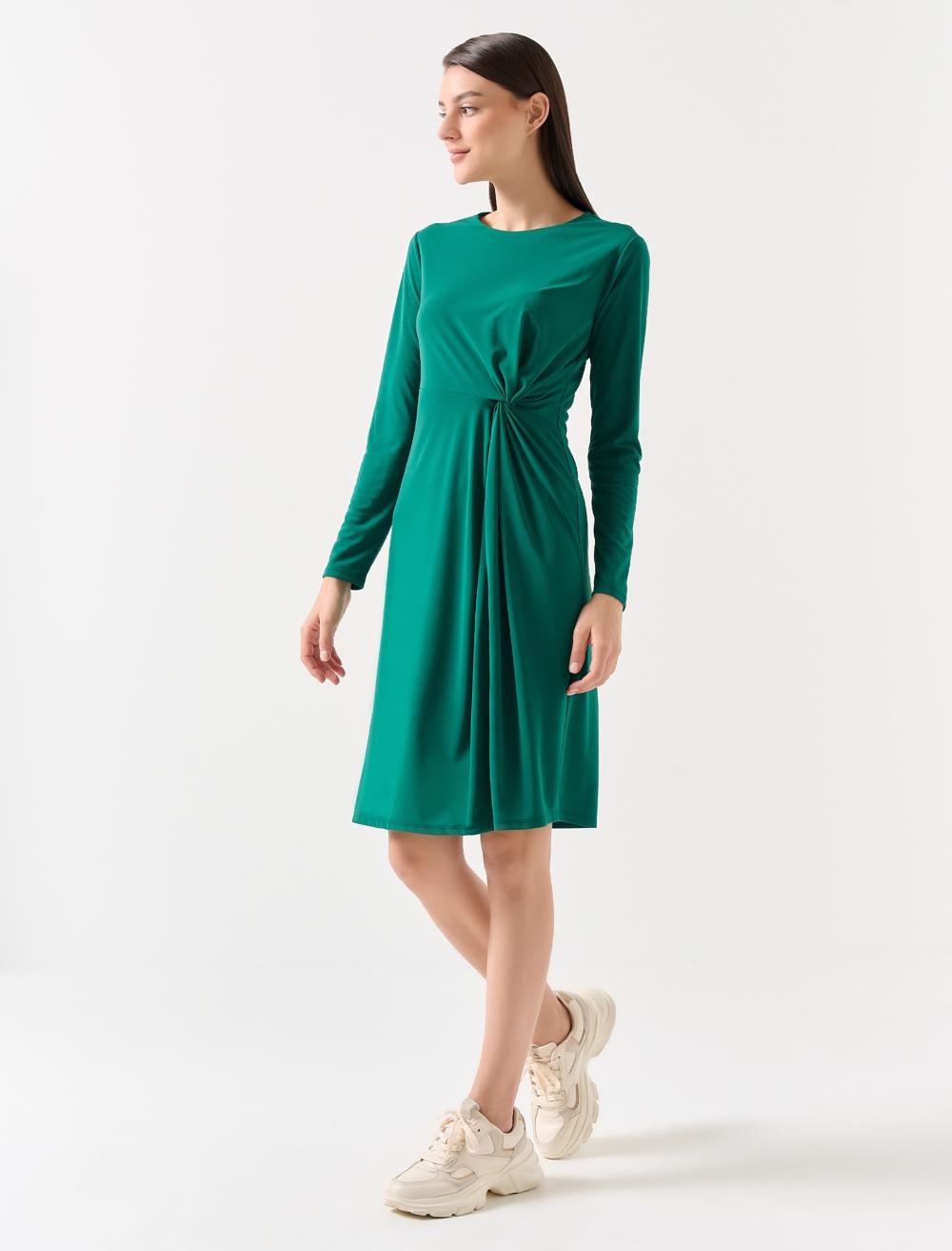 Women Dark Green Straight Cut Long Sleeve Crew Neck Knitted Midi Dress