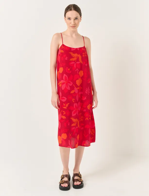 Bayan Kırmızı Askılı Çiçek Desenli Rahat Midi Elbise