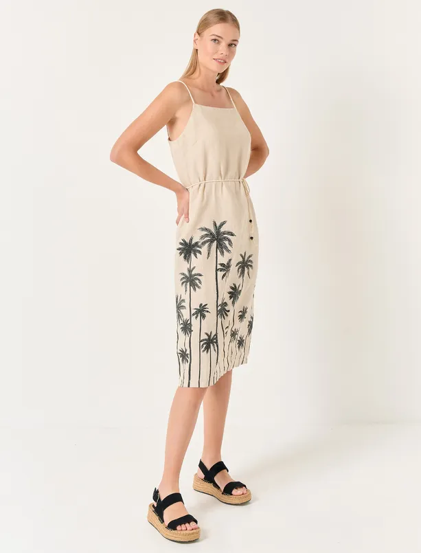 Bayan Bej Askılı Desenli Keten Midi Elbise