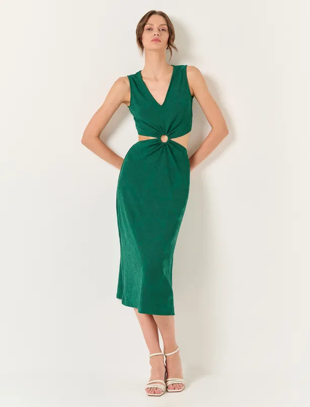Bayan Koyu Yeşil V Yaka Beli Tokalı Midi Elbise