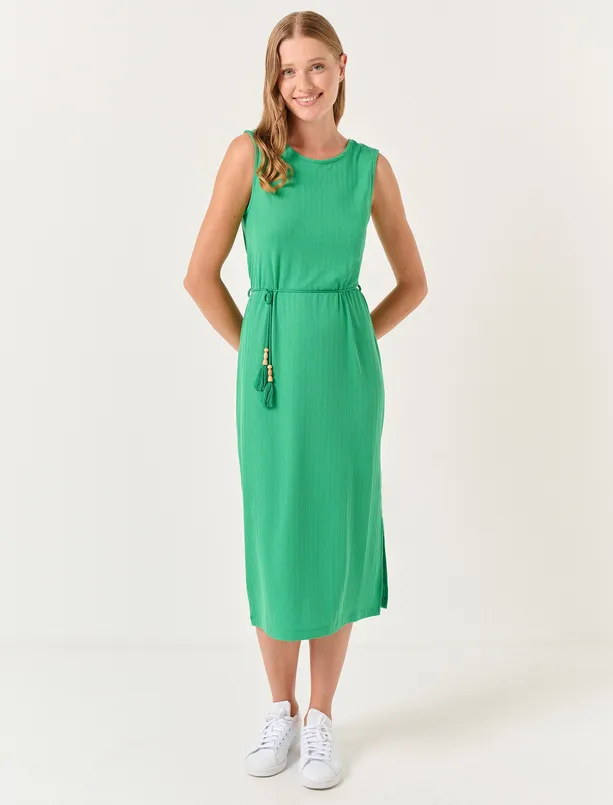 Bayan Yeşil Sıfır Yaka Kolsuz Düz Midi Elbise