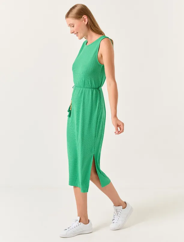 Bayan Yeşil Sıfır Yaka Kolsuz Düz Midi Elbise