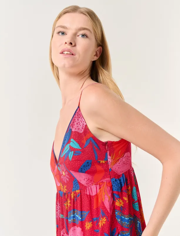 Bayan Açık Pembe V Yaka Çiçek Desenli Midi Elbise