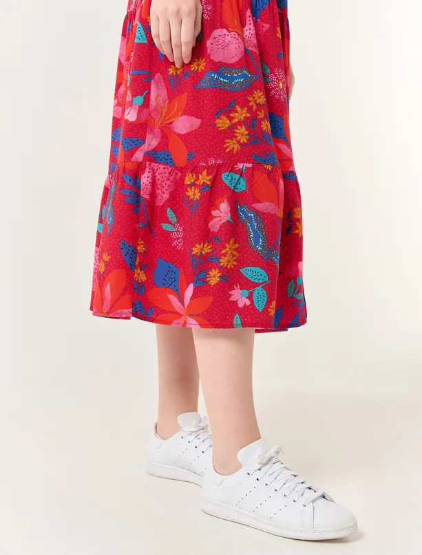 Bayan Açık Pembe V Yaka Çiçek Desenli Midi Elbise