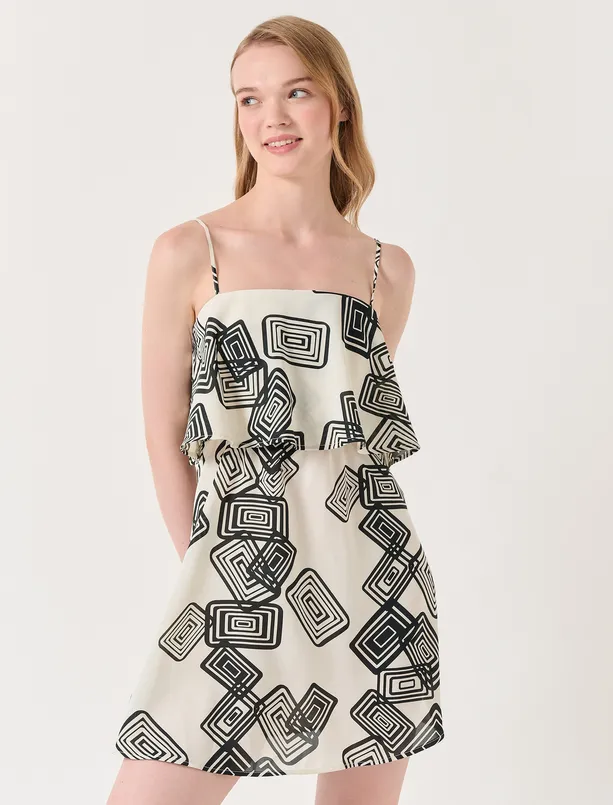Bayan Ekru Açık Yaka Askılı Desenli Mini Elbise