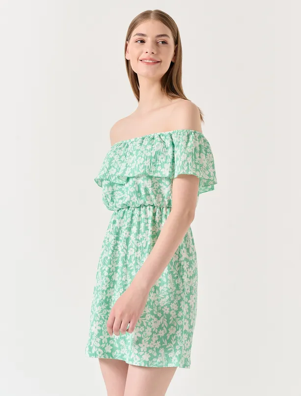 Bayan Yeşil Kayık Yaka Kolsuz Çiçekli Mini Elbise