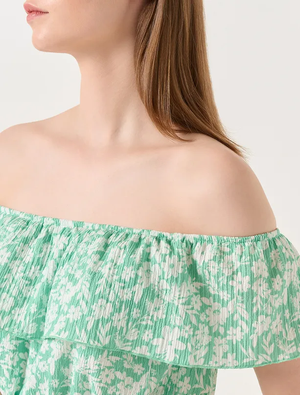 Bayan Yeşil Kayık Yaka Kolsuz Çiçekli Mini Elbise