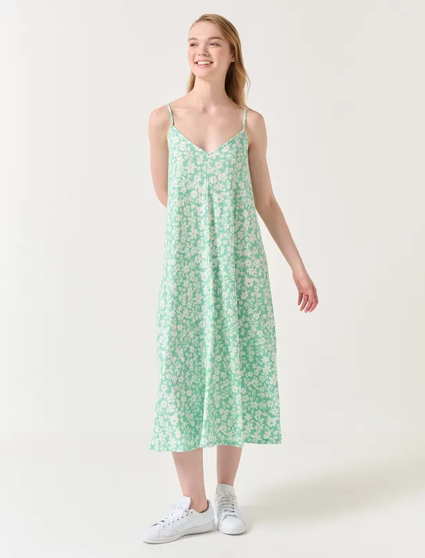 Bayan Yeşil Askılı V Yaka Çiçek Desenli Midi Elbise