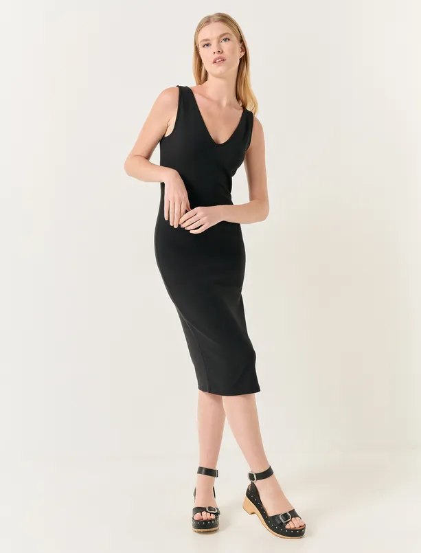Bayan Siyah V Yaka Kolsuz Midi Örme Elbise