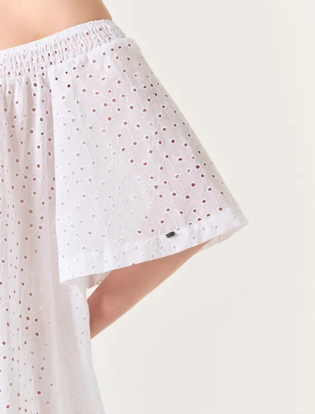 Bayan Beyaz Kayık Yaka Ajurlu Yazlık Midi Elbise