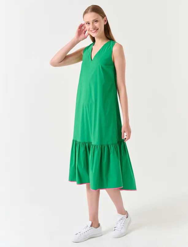 Bayan Yeşil V Yaka Kolsuz Volanlı Midi Elbise