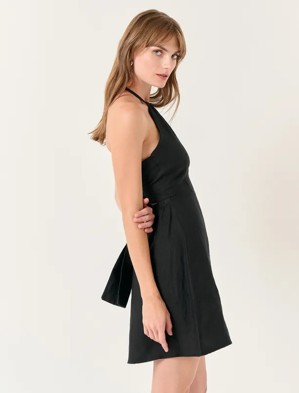 Bayan Siyah Halter Yaka Sırt Detaylı Keten Mini Elbise