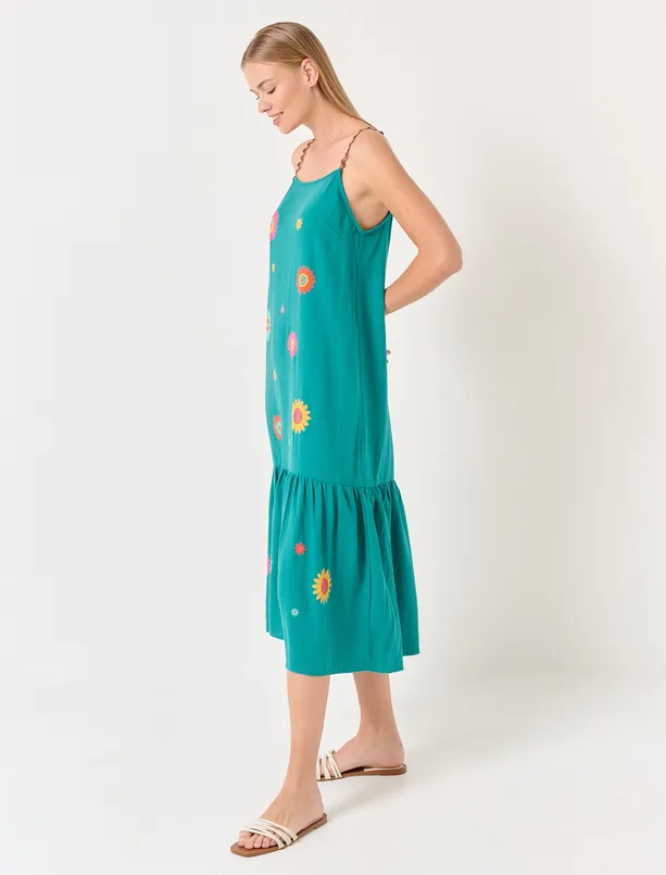 Bayan Koyu Yeşil Askılı Çiçek Desenli Keten Midi Elbise