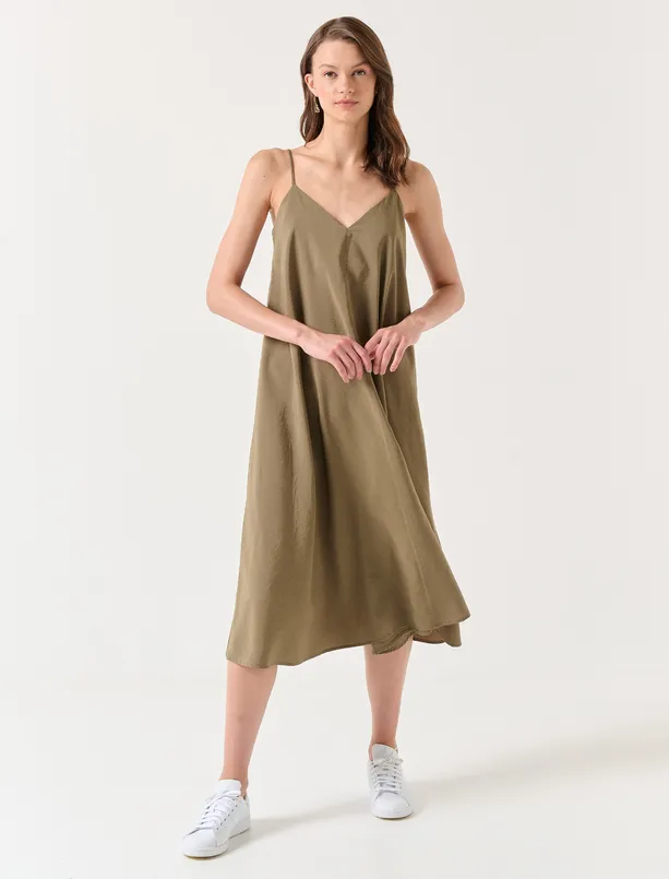 Bayan Haki V Yaka Askılı Yazlık Midi Elbise