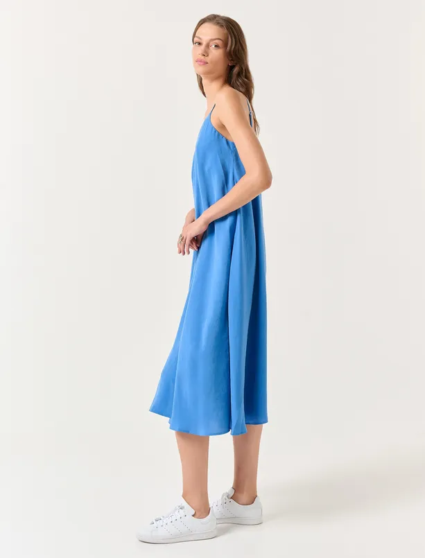 Bayan Mavi Bol Kesim V Yaka Askılı Midi Elbise