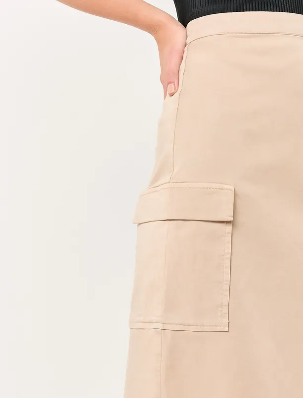 Bayan Bej Normal Bel Gabardin Cepli Midi Etek