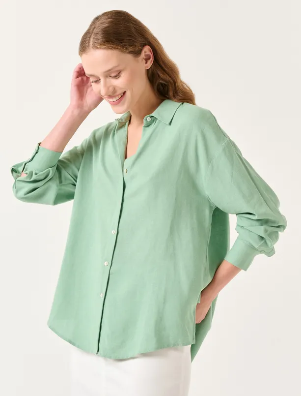 Bayan Yeşil Uzun Kol Gömlek Yaka Rahat Gömlek
