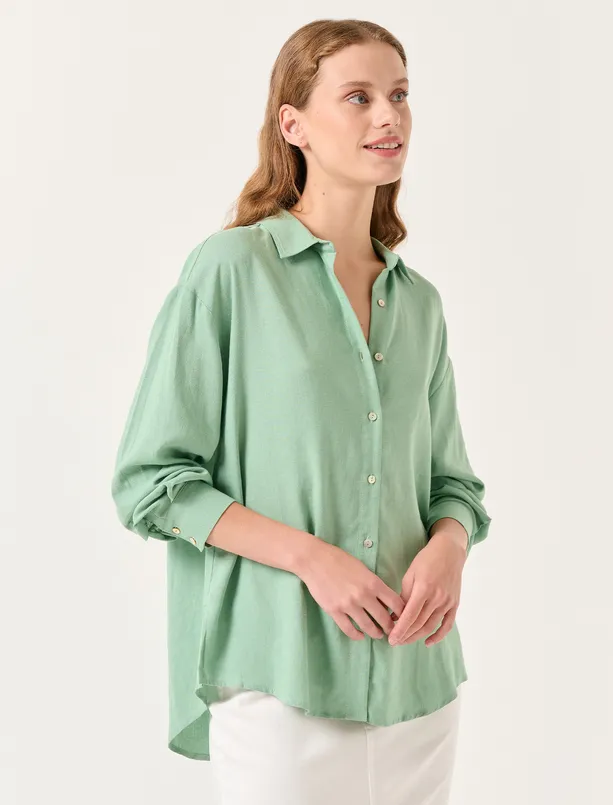 Bayan Yeşil Uzun Kol Gömlek Yaka Rahat Gömlek