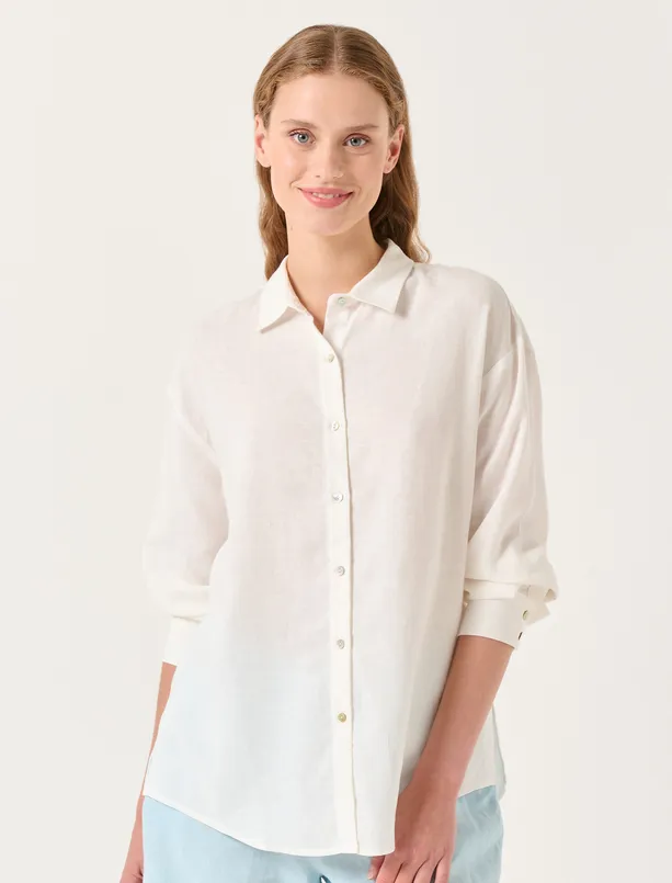 Bayan Beyaz Uzun Kol Gömlek Yaka Rahat Gömlek