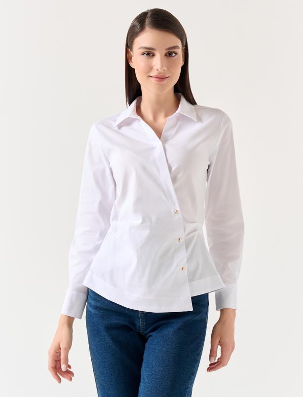 Bayan Beyaz Dar Kesim Gömlek Yaka Uzun Kollu Örme Poplin Gömlek