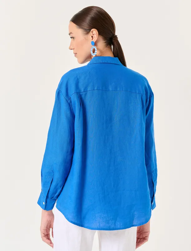 Bayan Mavi Uzun Kollu Düz Keten Gömlek