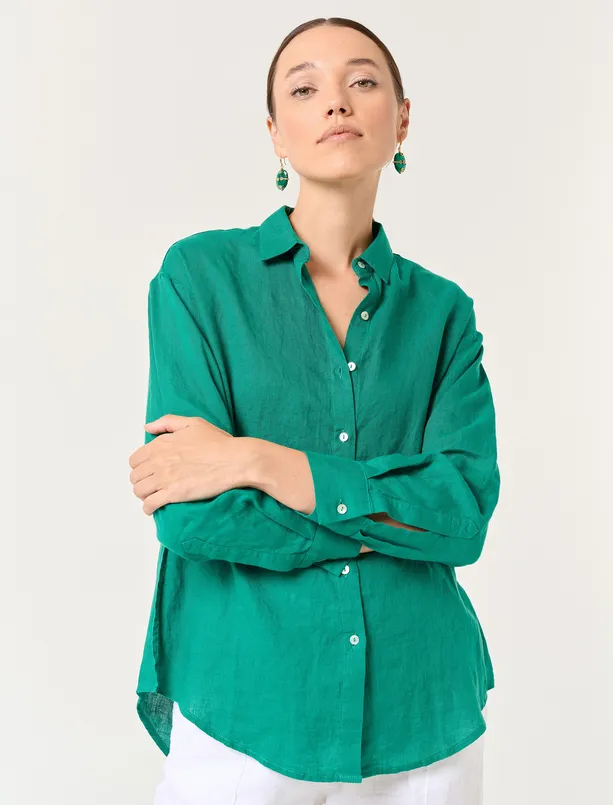 Bayan Yeşil Uzun Kollu Düz Keten Gömlek