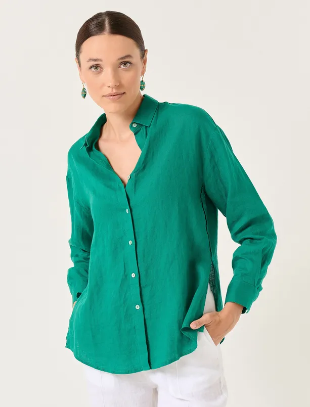 Bayan Yeşil Uzun Kollu Düz Keten Gömlek