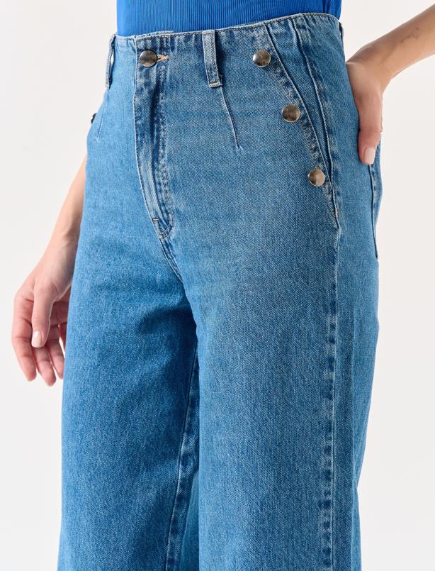 Bayan  Düz Kesim Bol Paça Yüksek Bel Denim Pantolon
