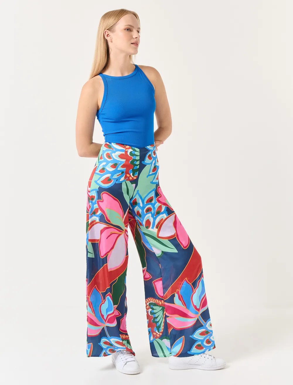 High Waist Wide Leg Floral Satin Pants