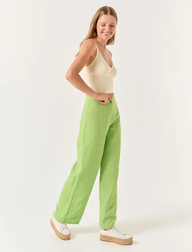 Bayan Yeşil Bol Kesim Yüksek Bel Keten Pantolon