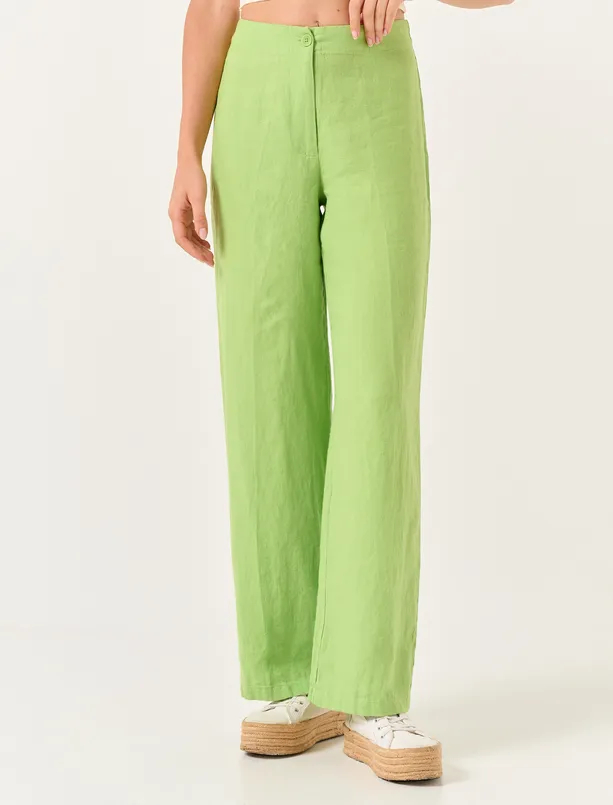 Bayan Yeşil Bol Kesim Yüksek Bel Keten Pantolon