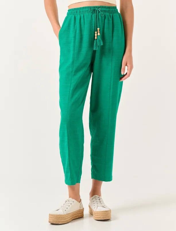 Bayan Koyu Yeşil Beli Lastikli Yüksek Bel Kısa Pantolon