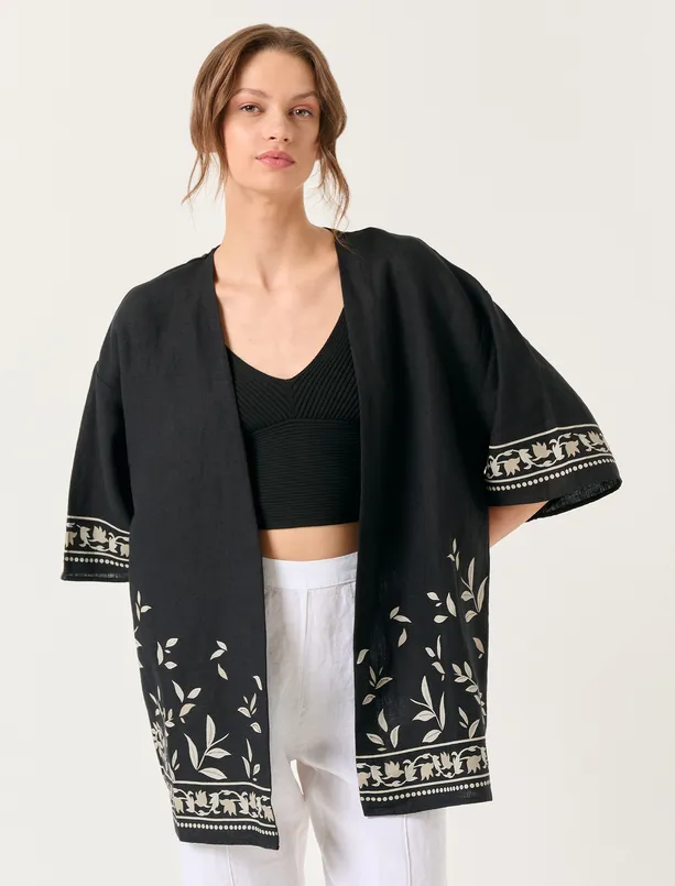 Bayan Siyah Kısa Kollu Desenli Keten Kimono