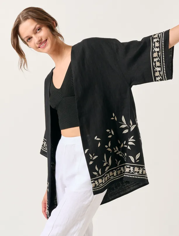 Bayan Siyah Kısa Kollu Desenli Keten Kimono