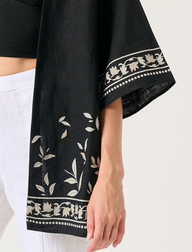 Bayan Siyah Kısa Kollu Desenli Keten Kimono