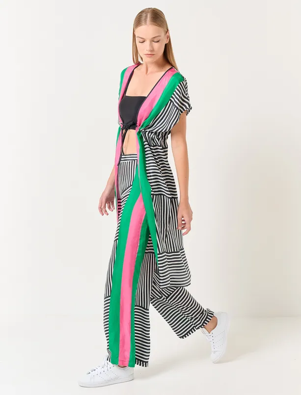 Bayan Karışık Kolsuz Çizgili Saten Midi Kimono