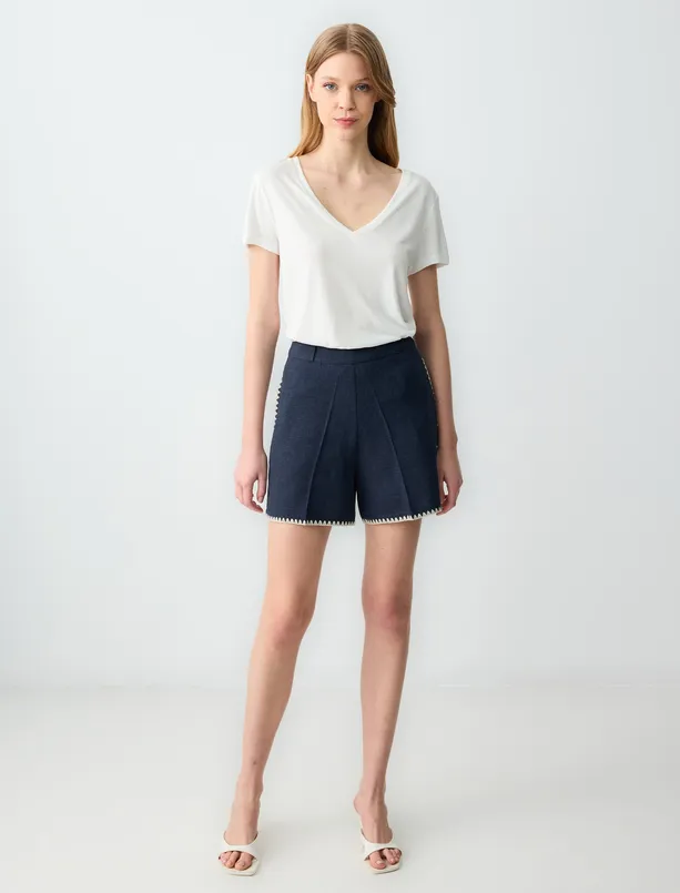Women Dark Blue Low Waist Linen Shorts with Pockets