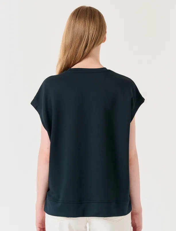 Bayan Siyah Kısa Kollu Düz Örme Sweatshirt