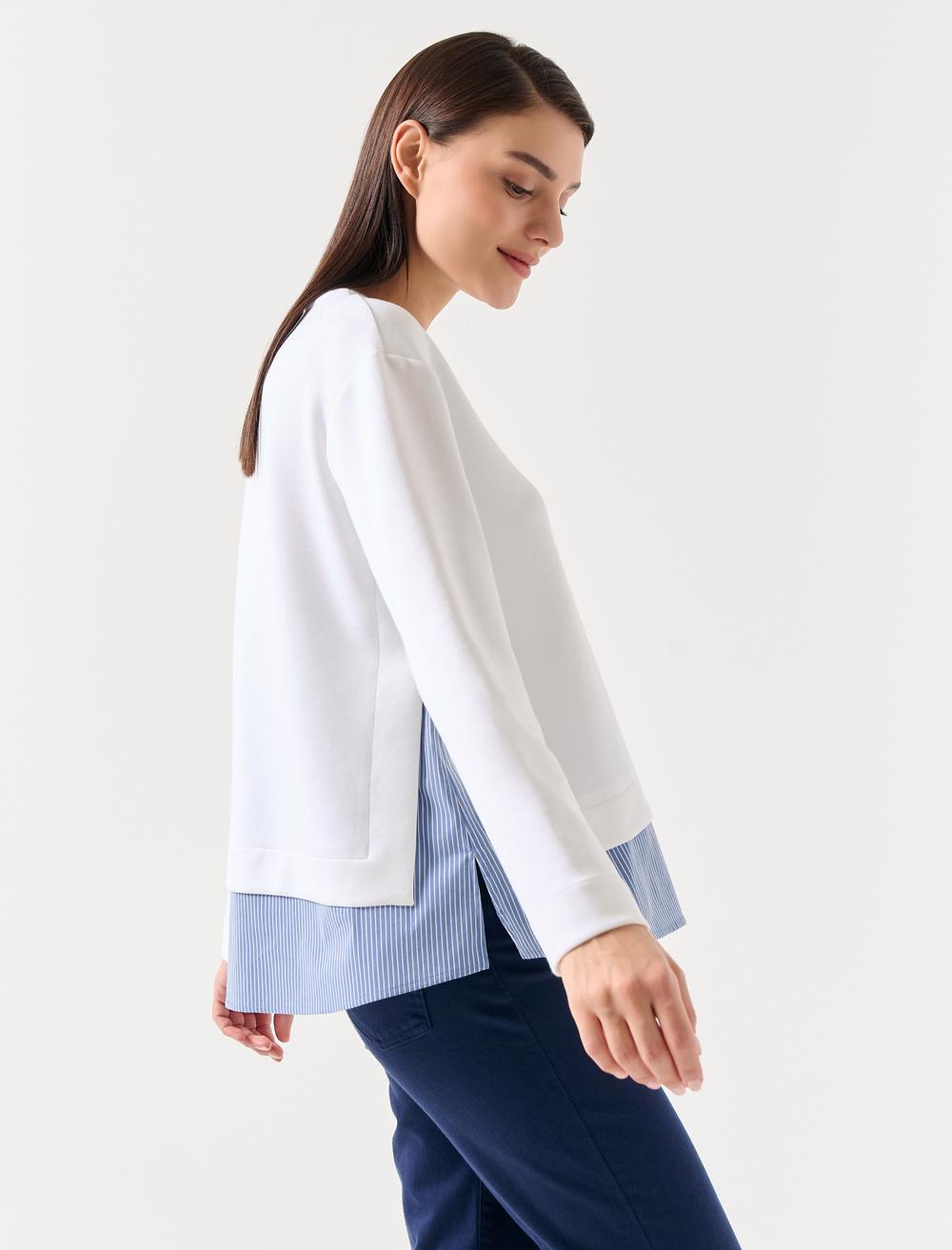 Bayan Ekru Bisiklet Yaka Yırtmaçlı Gömlek Detaylı Sweatshirt