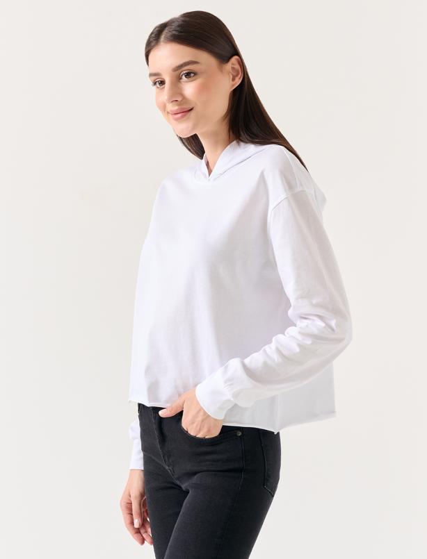 Bayan Beyaz Bol Kesim Uzun Kollu Kapüşonlu %100 Pamuklu Sweatshirt