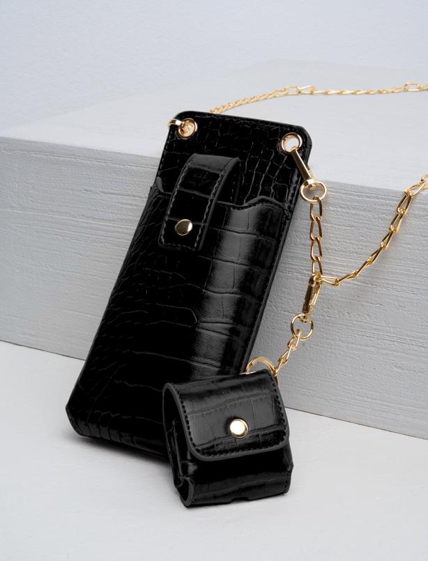Bayan Siyah Zincir Askılı Telefon Çantalı Fermuarlı Cüzdan