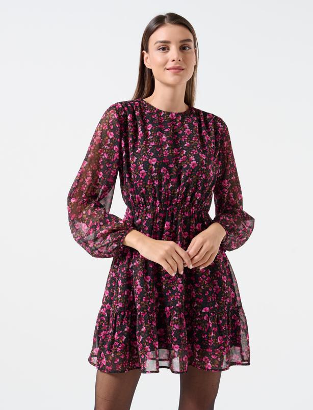 Bayan Pembe Bol Kesim Sıfır Yaka Uzun Kollu Çiçek Desenli Elbise