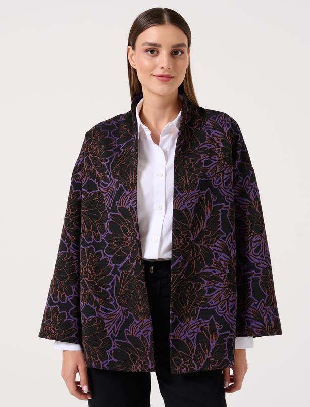 Bayan Mor Bol Kesim Açık Yaka Uzun Kollu Desenli Örme Kimono