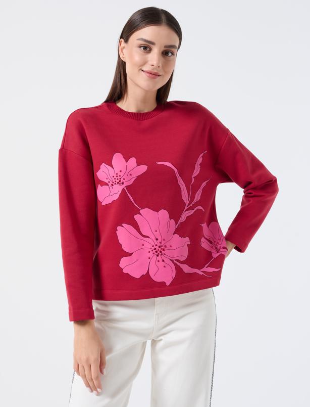 Bayan Kırmızı Düz Kesim Bisiklet Yaka Çiçek Desenli Sweatshirt