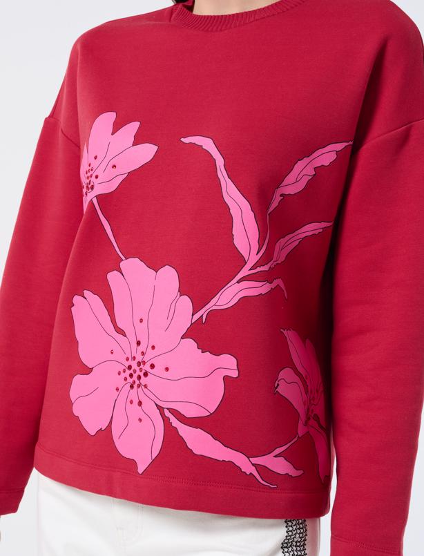 Bayan Kırmızı Düz Kesim Bisiklet Yaka Çiçek Desenli Sweatshirt
