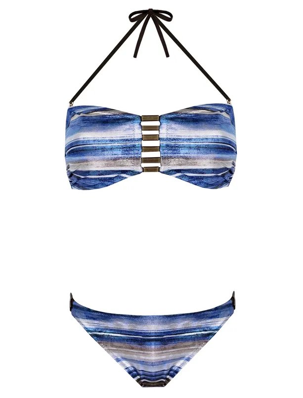 Bayan Mavi Straplez Üstlü Desenli Bikini Takımı