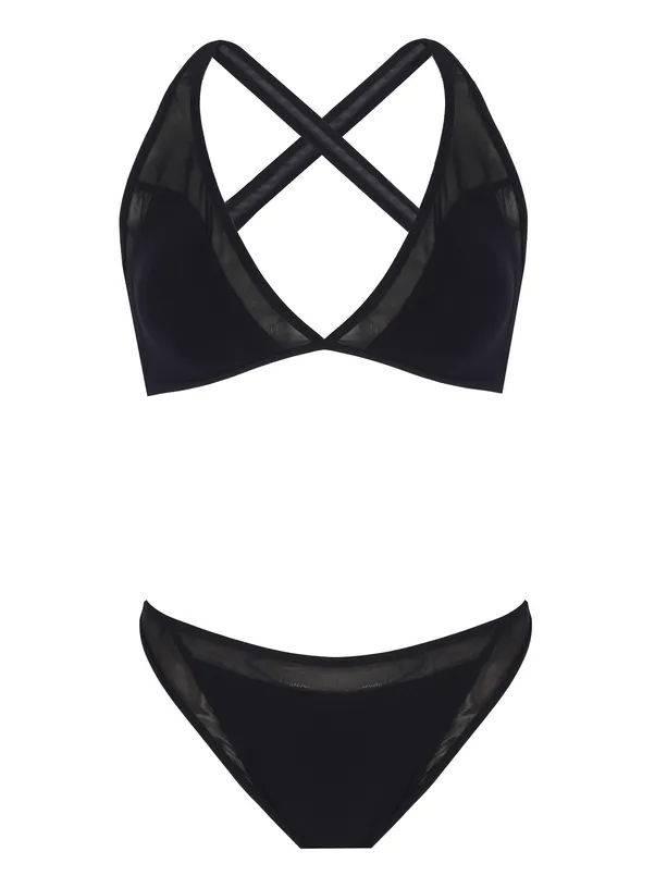 Bayan Siyah Sırtı Çapraz Tül Detaylı Bikini Takımı
